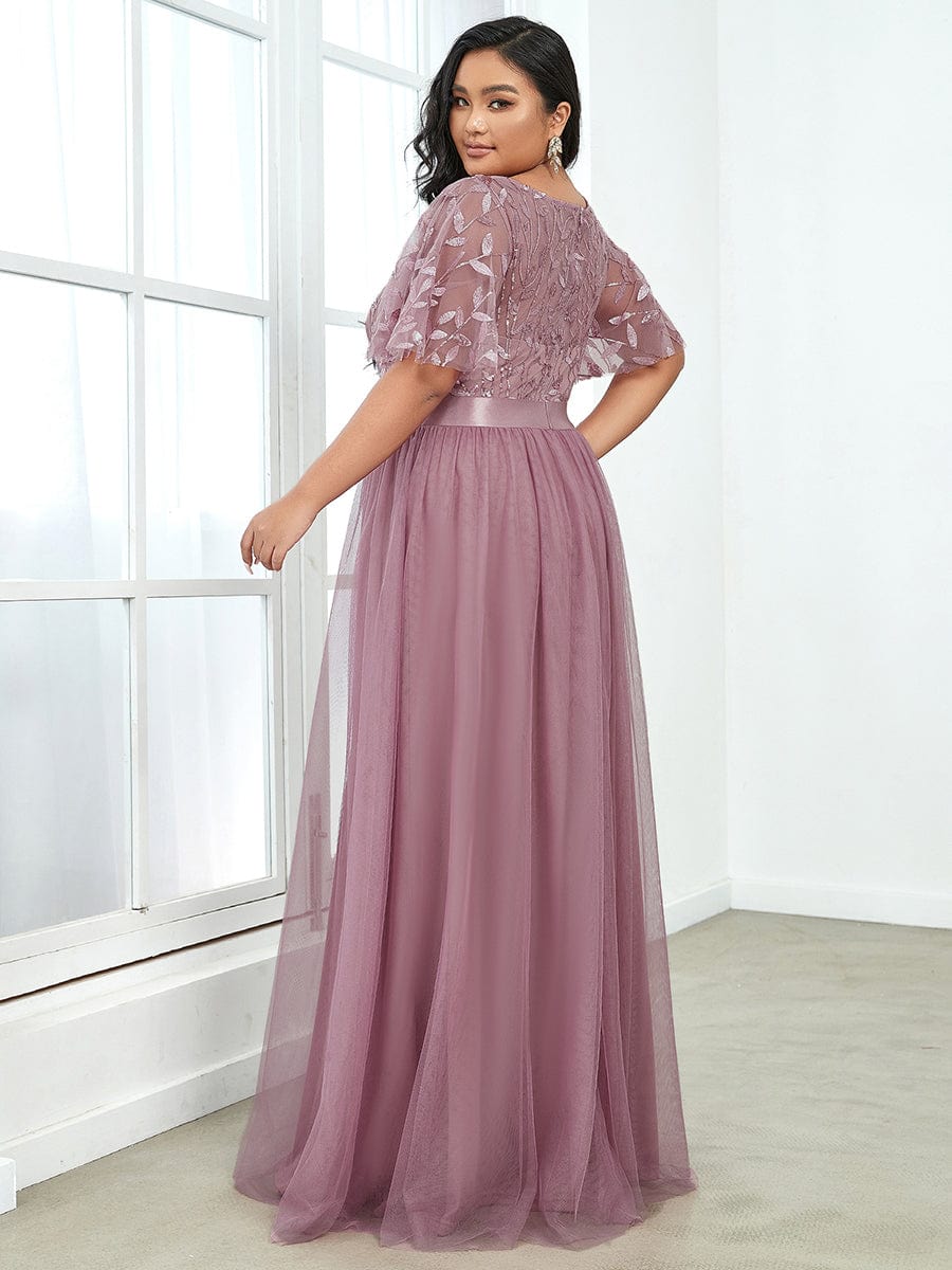 Sparkling Evening Gown with Frill Sleeves and Waistband Detail