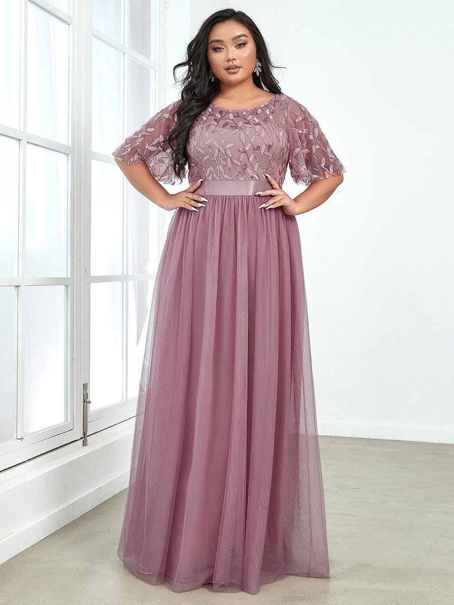 Sparkling Evening Gown with Frill Sleeves and Waistband Detail