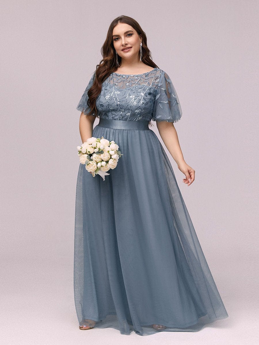 Sparkling Evening Gown with Frill Sleeves and Waistband Detail