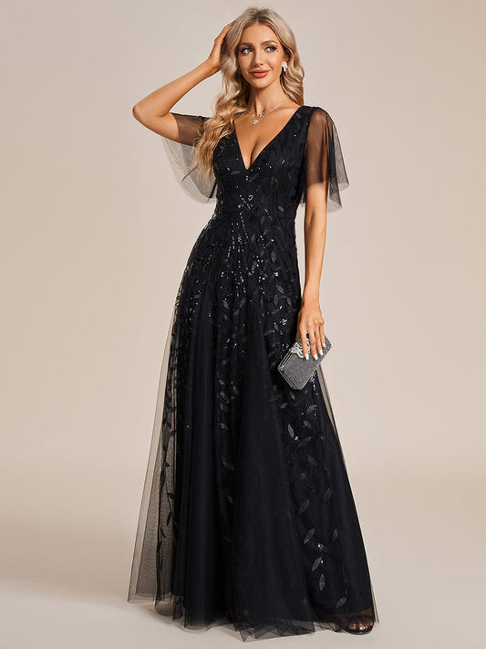 Shimmery V Neck Ruffle Sleeves Sequin Maxi Long Evening Dress