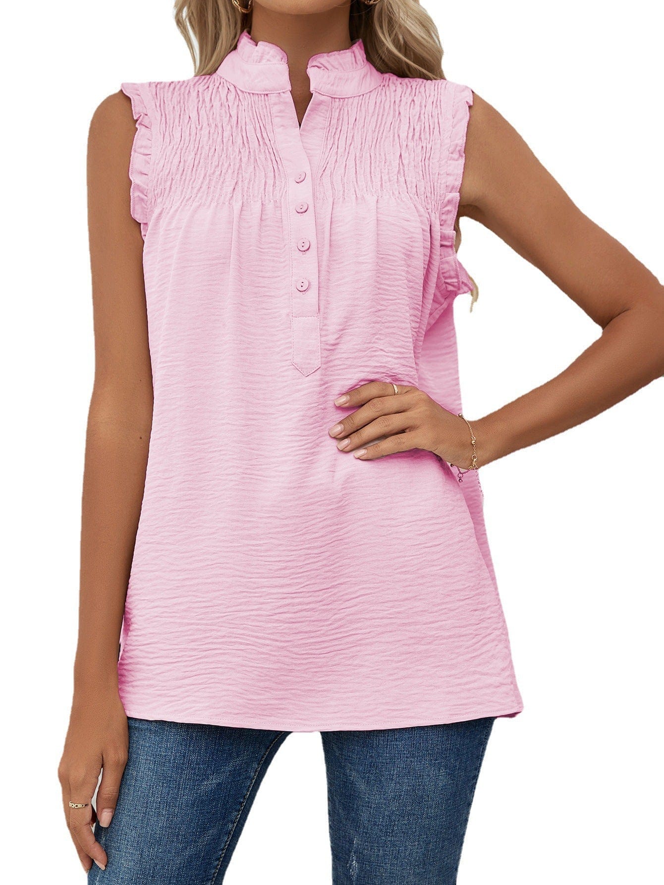 Sleeveless High Neck Ruffle Sleeve Loose Casual Top