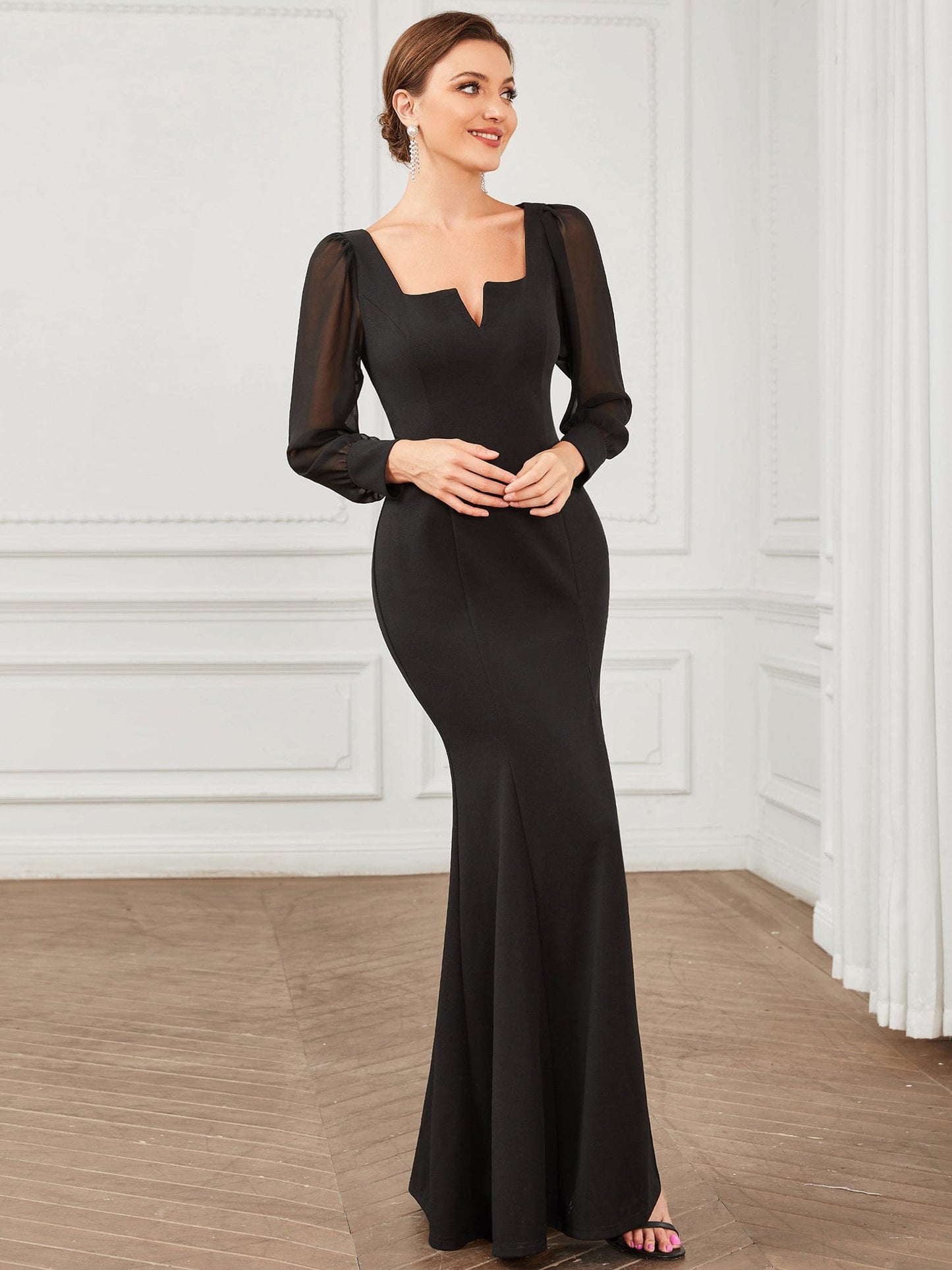 Square Neckline Long Sleeve Side Slit Evening Dress