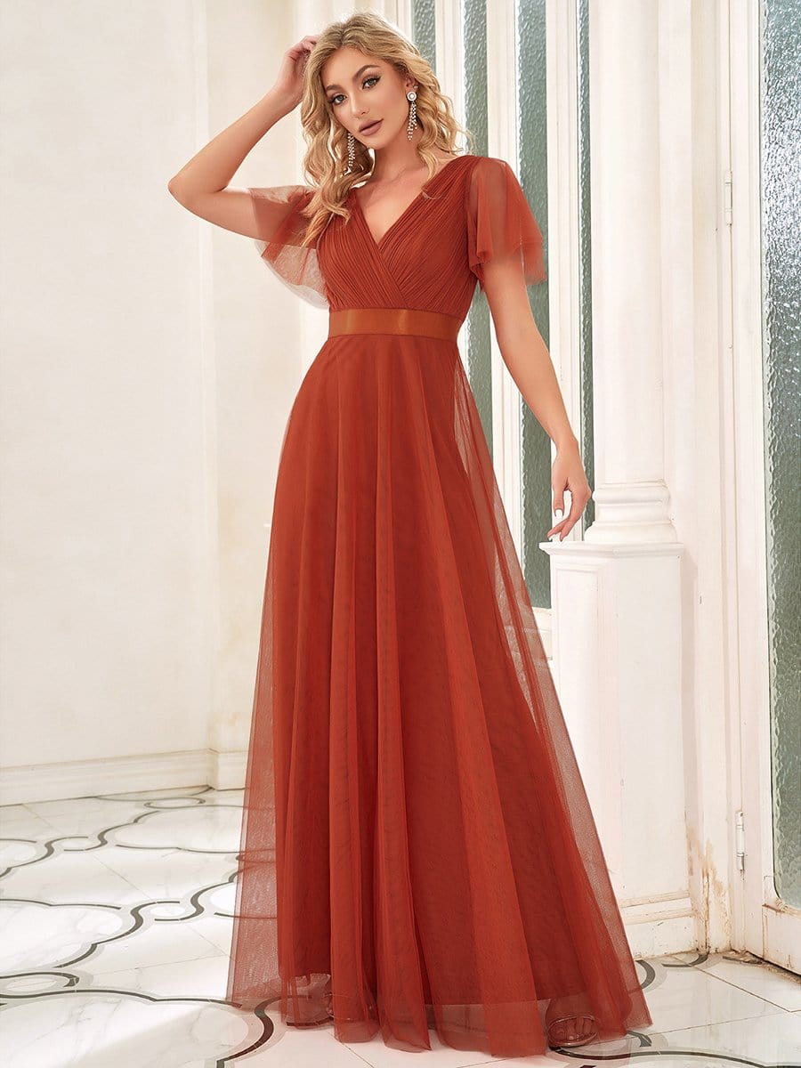 V-Neck Floor-Length Short Sleeve Tulle Bridesmaid Dresses