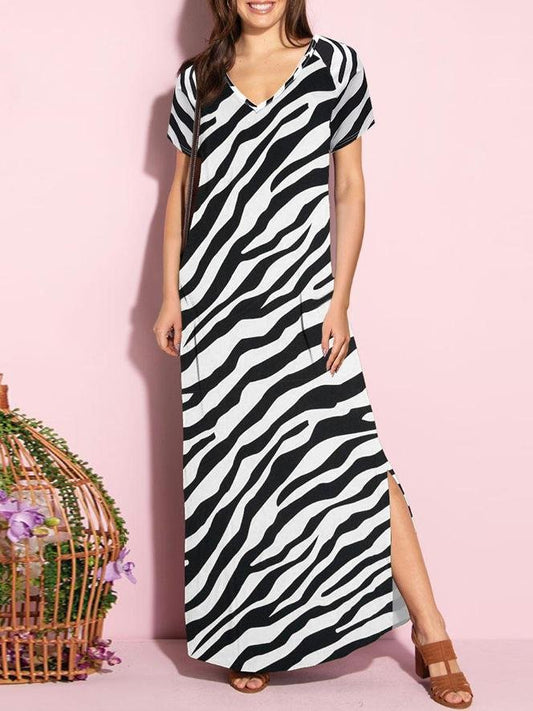 Zebra Print V-neck Open Back Dress