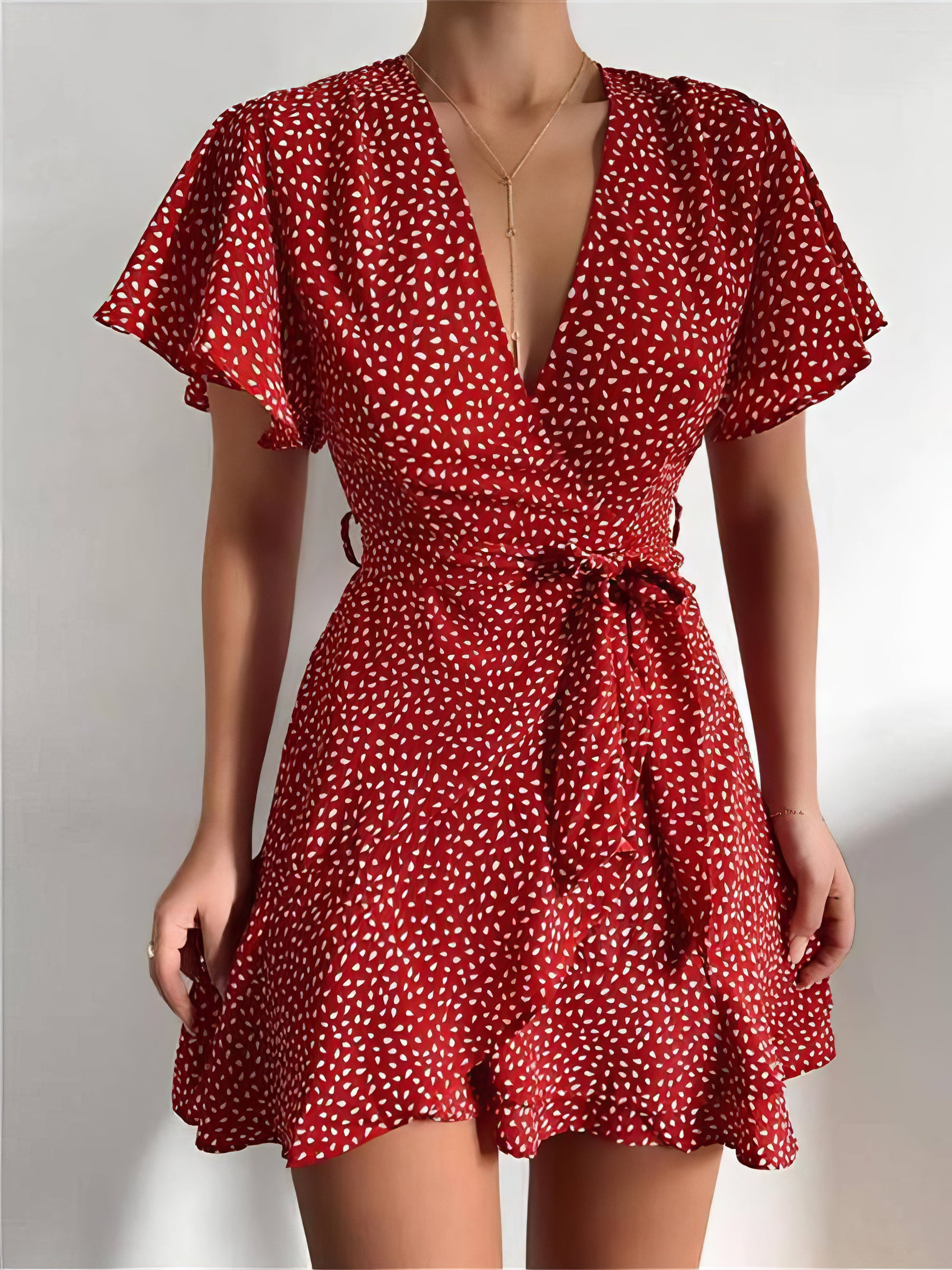 Wrap Belted Ruffle Trim Mini Dress