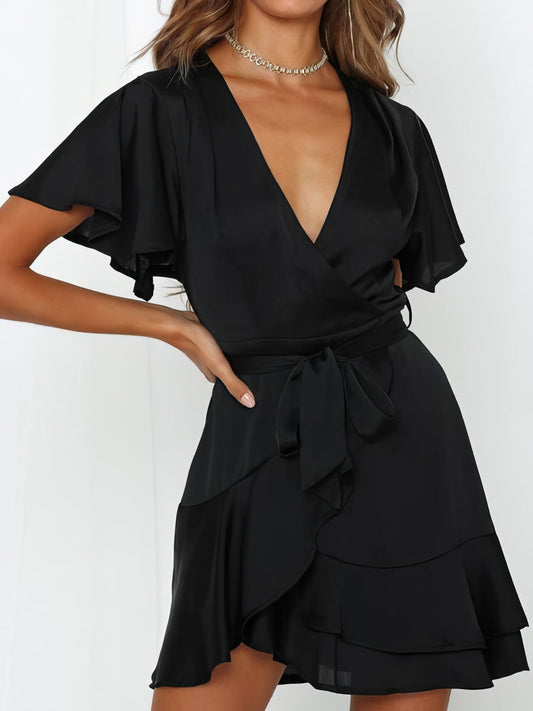 Wrap Belted Ruffle Trim Mini Dress