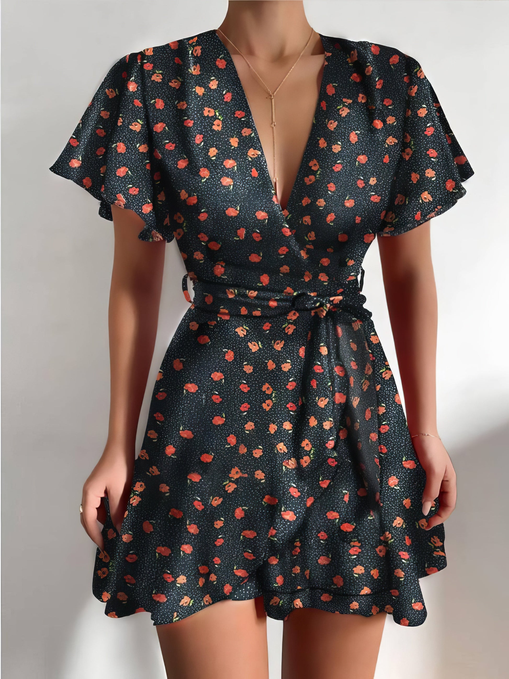 Wrap Belted Ruffle Trim Mini Dress