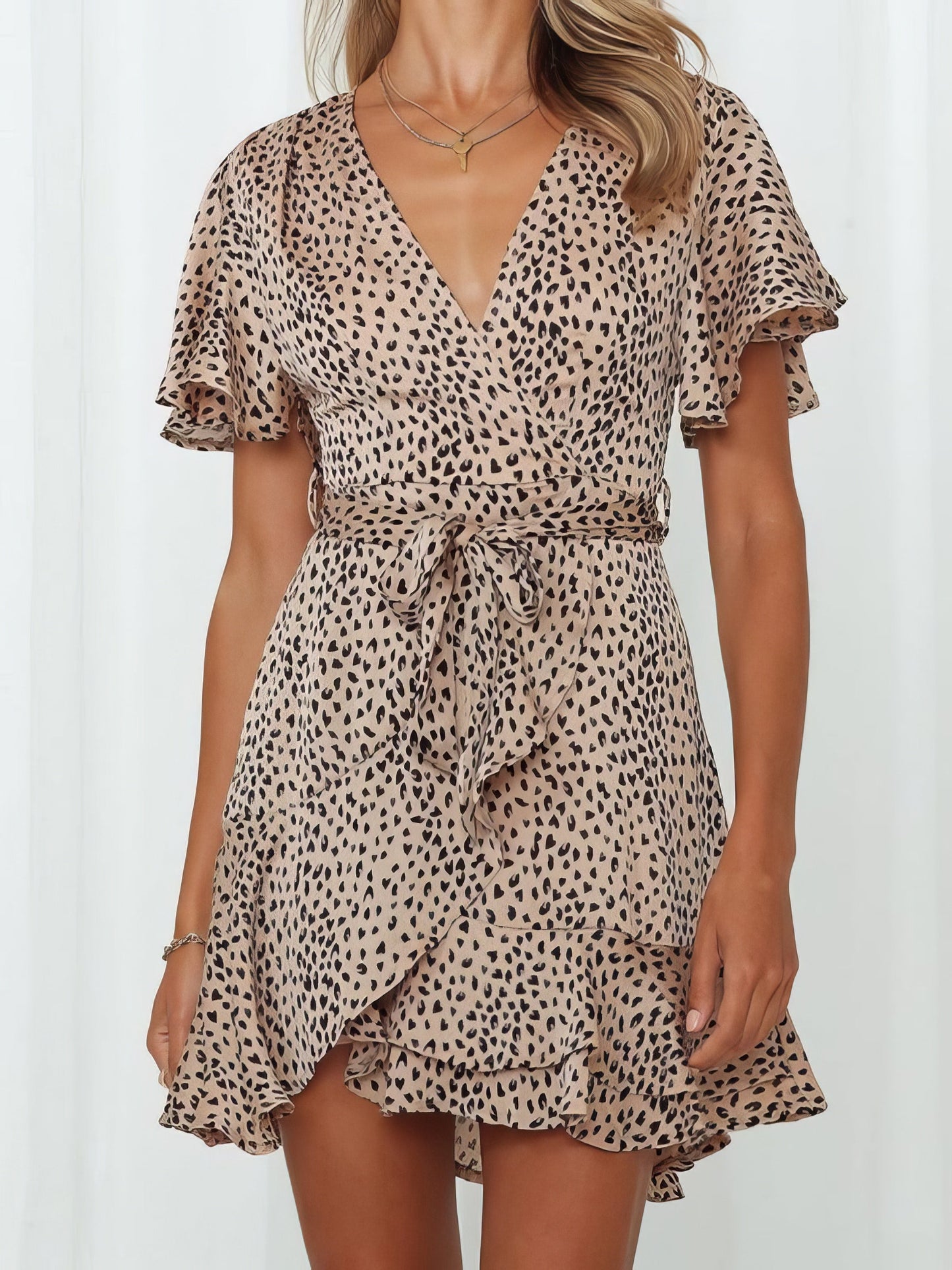 Wrap Belted Ruffle Trim Mini Dress