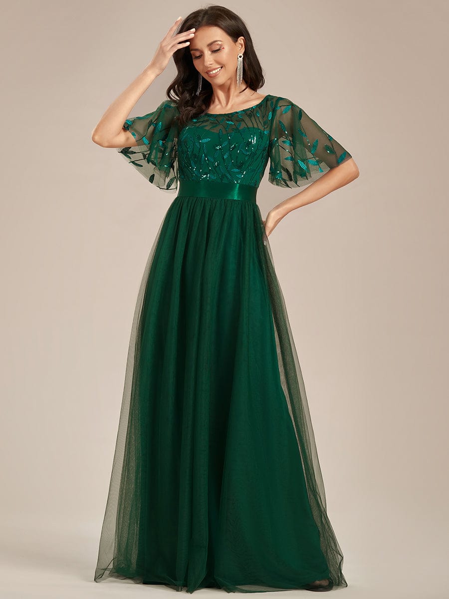 Women's A-Line Sequin Leaf Maxi Prom Dress with Sleeves