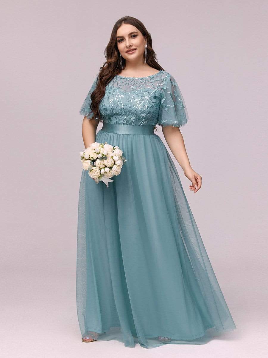 Women's A-Line Sequin Leaf Maxi Prom Dress with Sleeves