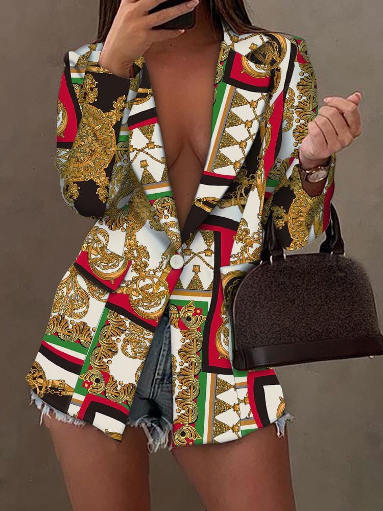 Women's Blazers Printed Lapel Long Sleeve Buttoned Blazer