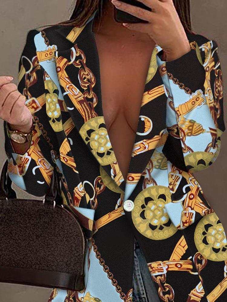 Women's Blazers Printed Lapel Long Sleeve Buttoned Blazer