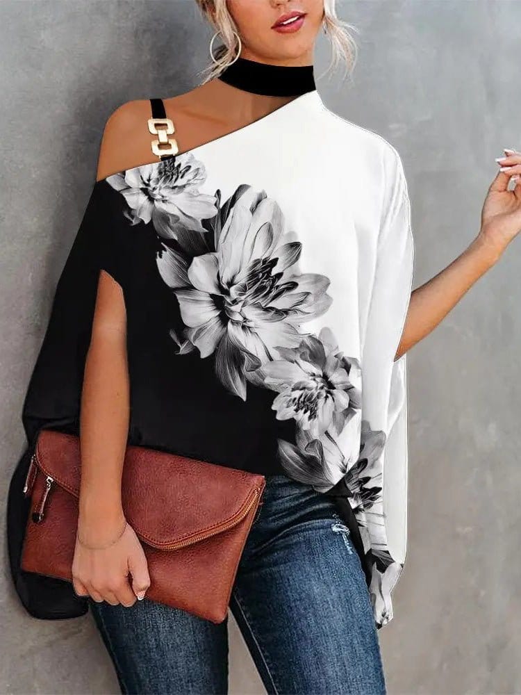 Women's Blouses Halter Neck Off Shoulder Doll Sleeve Print Blouse