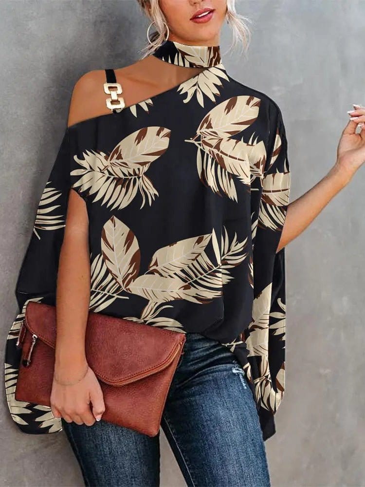 Women's Blouses Halter Neck Off Shoulder Doll Sleeve Print Blouse