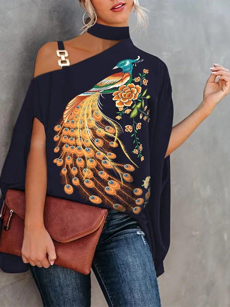 Women's Blouses Halter Neck Off Shoulder Doll Sleeve Print Blouse
