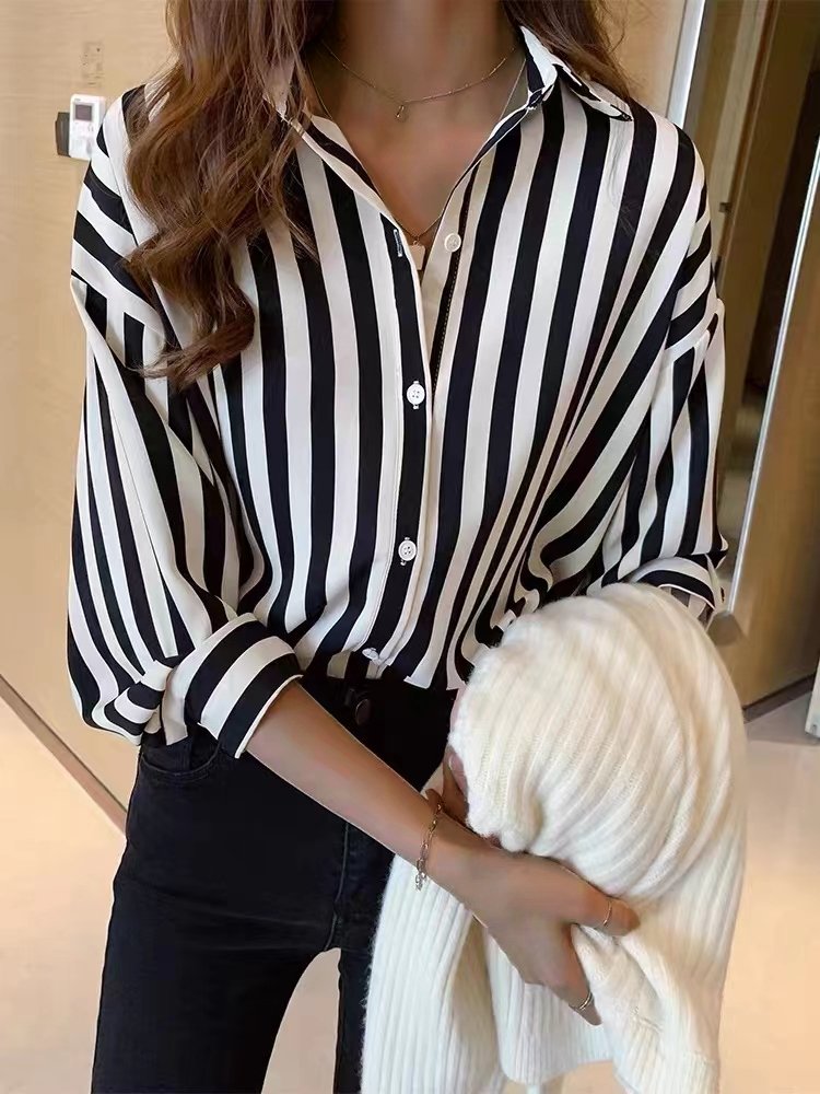 Striped Long Sleeve Button-Up Blouse with Collar