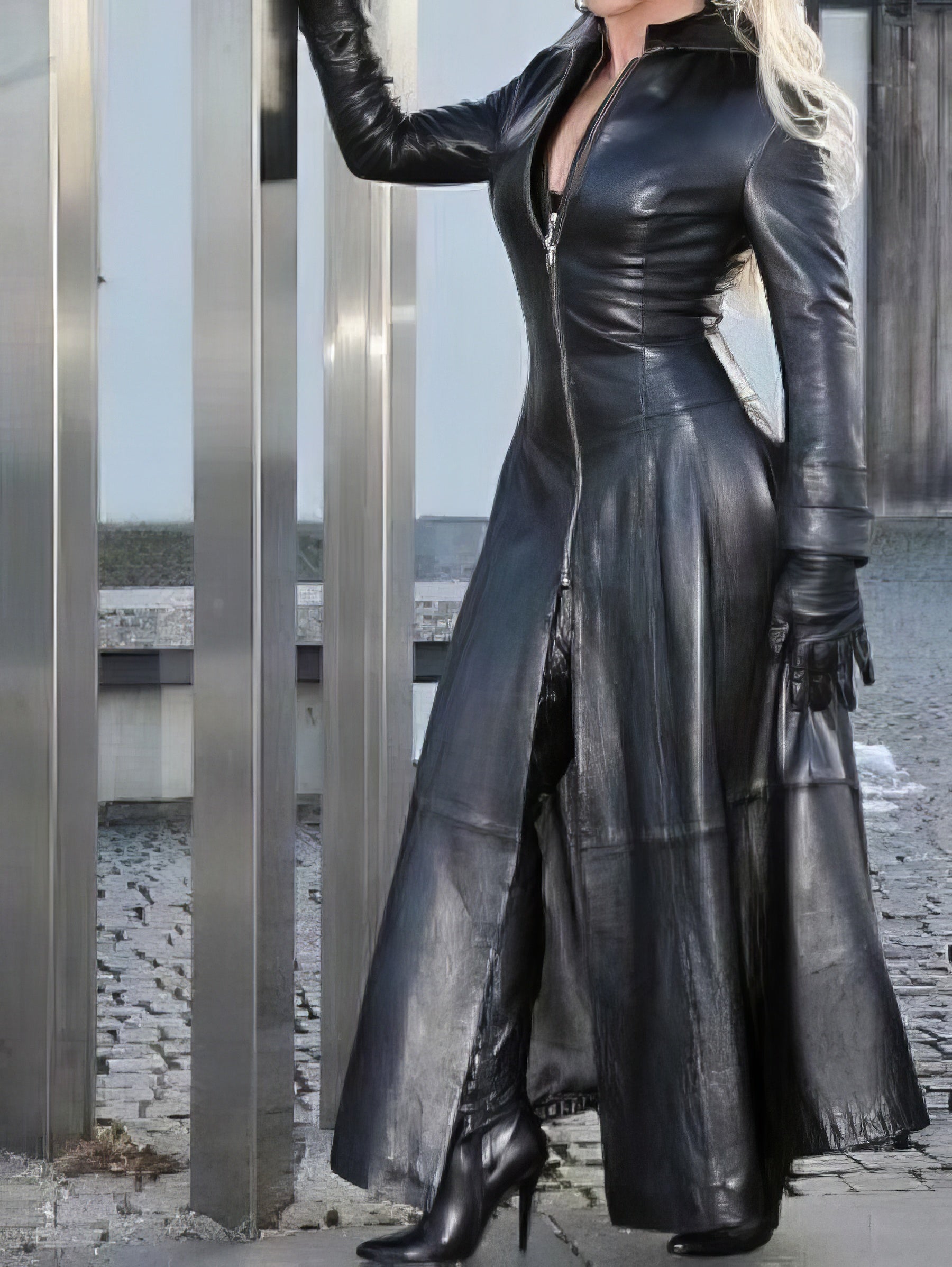 Zipper Accent Long Sleeve Faux Leather Dress