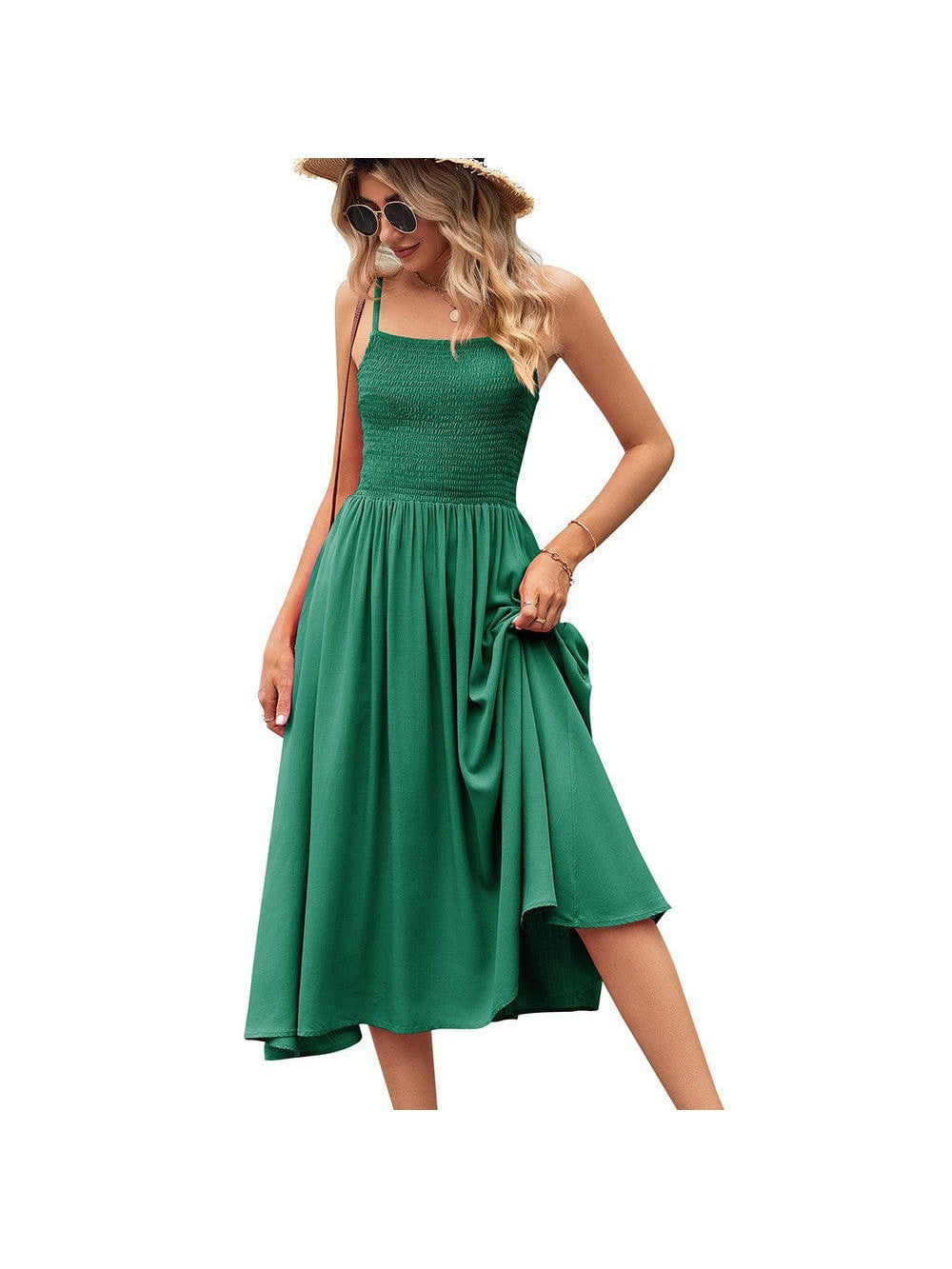 Womens Square Neck Pleated Bohemian Camisole Dress