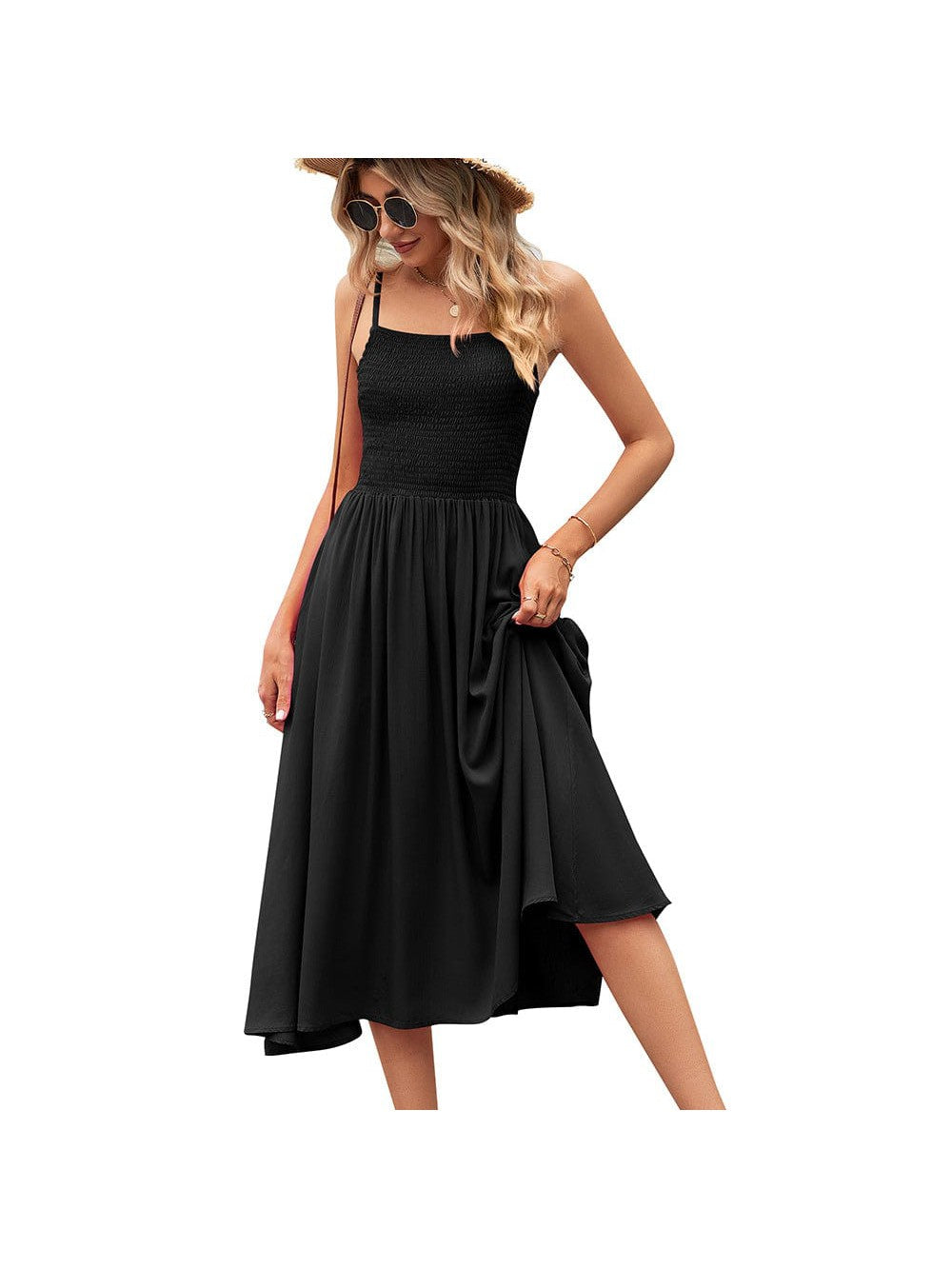 Womens Square Neck Pleated Bohemian Camisole Dress