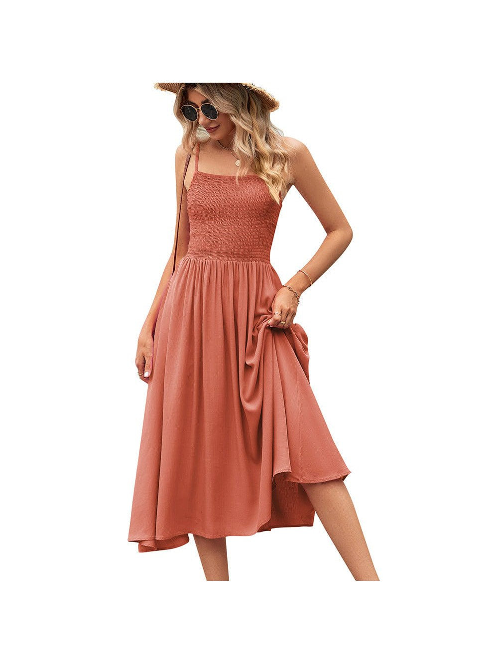 Womens Square Neck Pleated Bohemian Camisole Dress