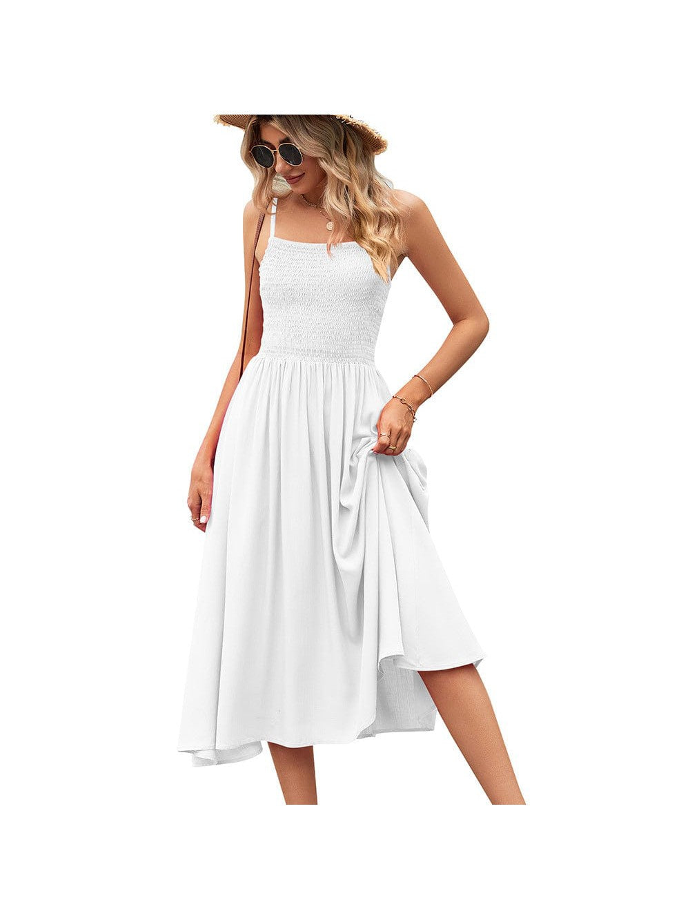 Womens Square Neck Pleated Bohemian Camisole Dress