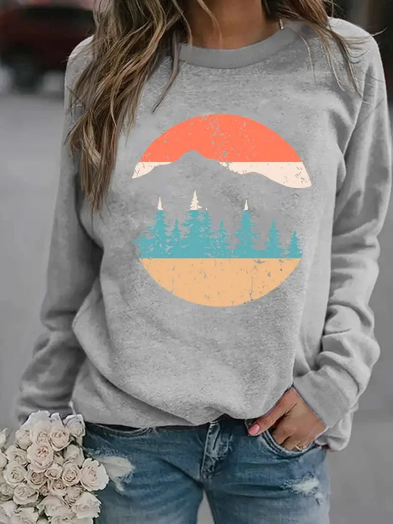Woodland Scene Sweater, Long Sleeve Comfort Crewneck Sweater, Women's Apparel