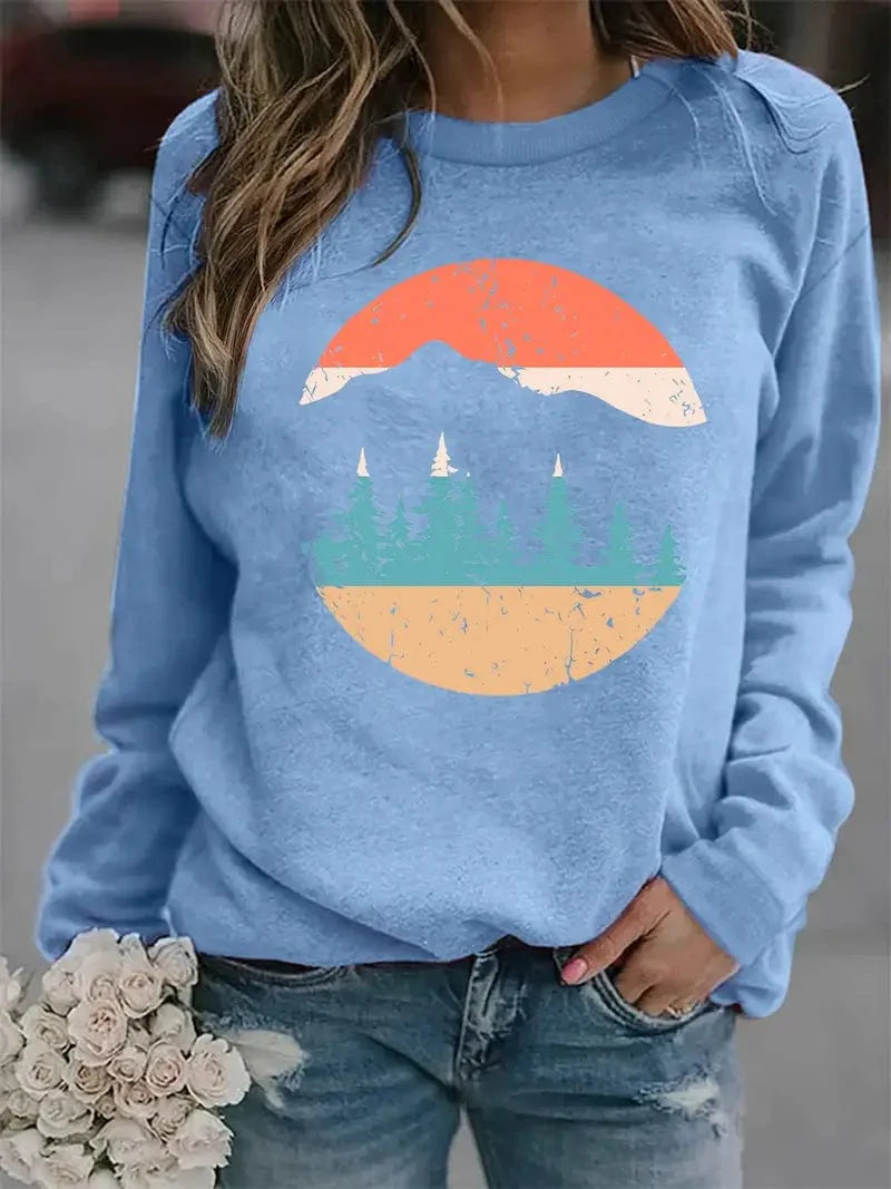 Woodland Scene Sweater, Long Sleeve Comfort Crewneck Sweater, Women's Apparel