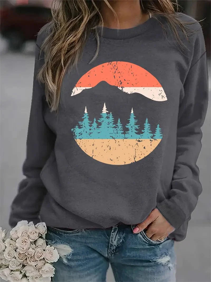 Woodland Scene Sweater, Long Sleeve Comfort Crewneck Sweater, Women's Apparel