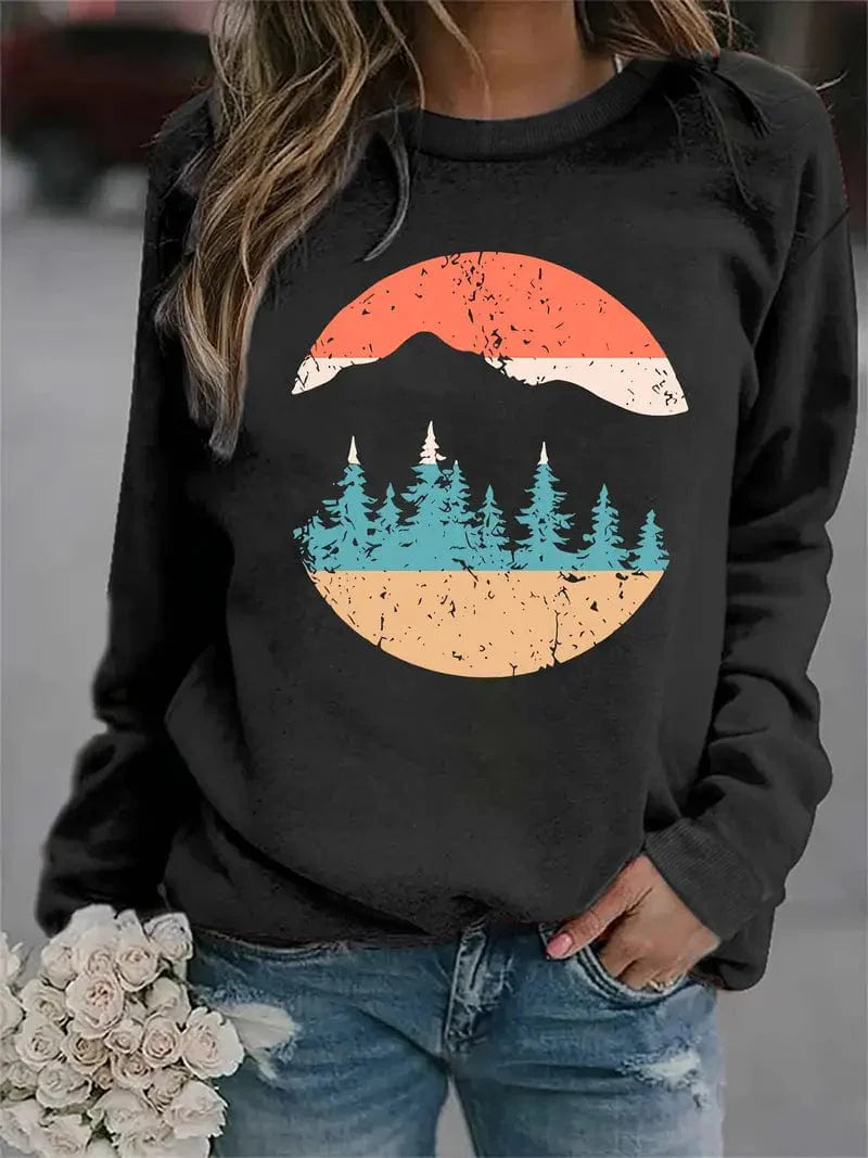 Woodland Scene Sweater, Long Sleeve Comfort Crewneck Sweater, Women's Apparel