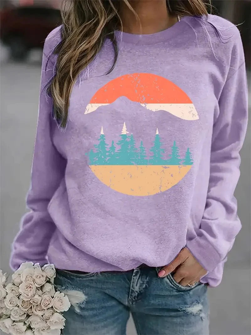 Woodland Scene Sweater, Long Sleeve Comfort Crewneck Sweater, Women's Apparel