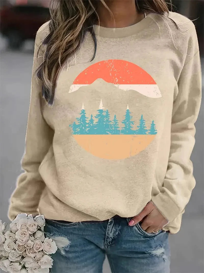 Woodland Scene Sweater, Long Sleeve Comfort Crewneck Sweater, Women's Apparel