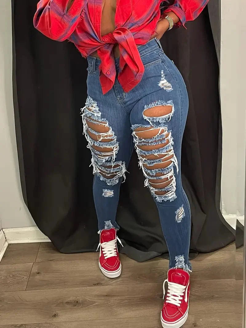Worn-In Blue Skinny Jeans, Women's Distressed Denim Clothing