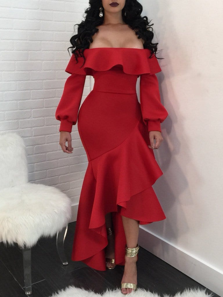 Wrapped One-Shoulder Ruffled Long Sleeve Dress