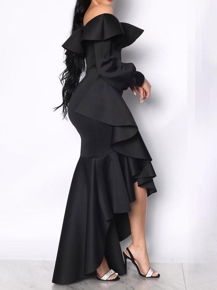 Wrapped One-Shoulder Ruffled Long Sleeve Dress