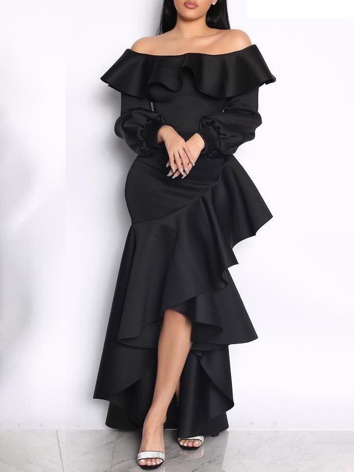 Wrapped One-Shoulder Ruffled Long Sleeve Dress