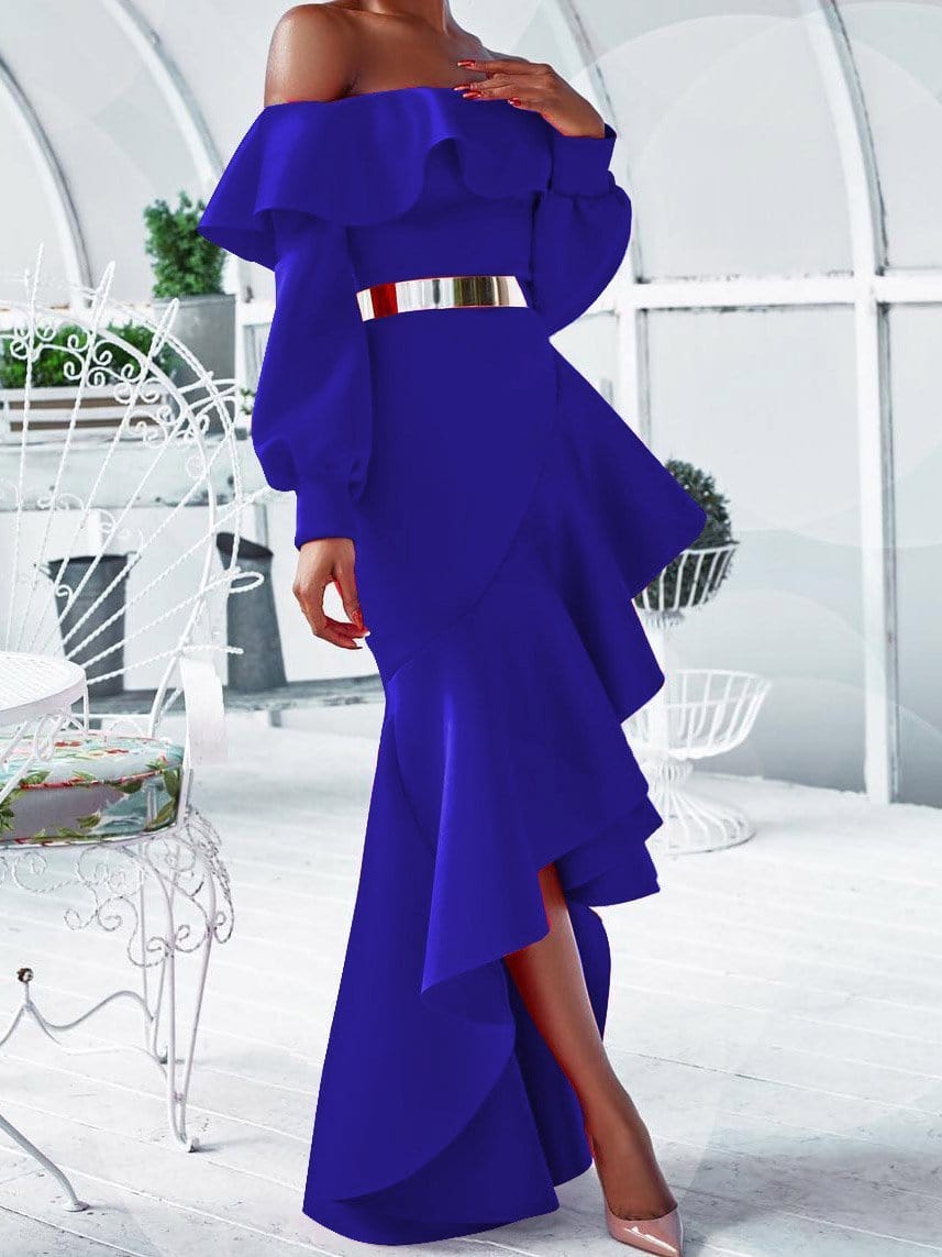 Wrapped One-Shoulder Ruffled Long Sleeve Dress