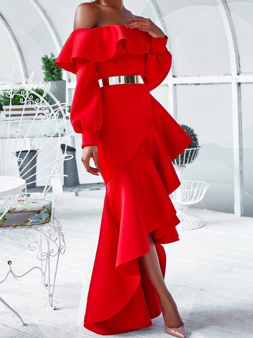 Wrapped One-Shoulder Ruffled Long Sleeve Dress