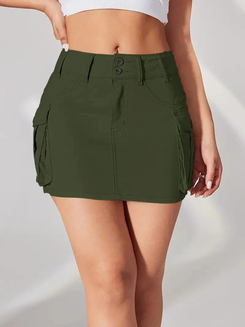 Y2K & Kpop Style Denim Skirt with Double Button Closure and Flap Pockets