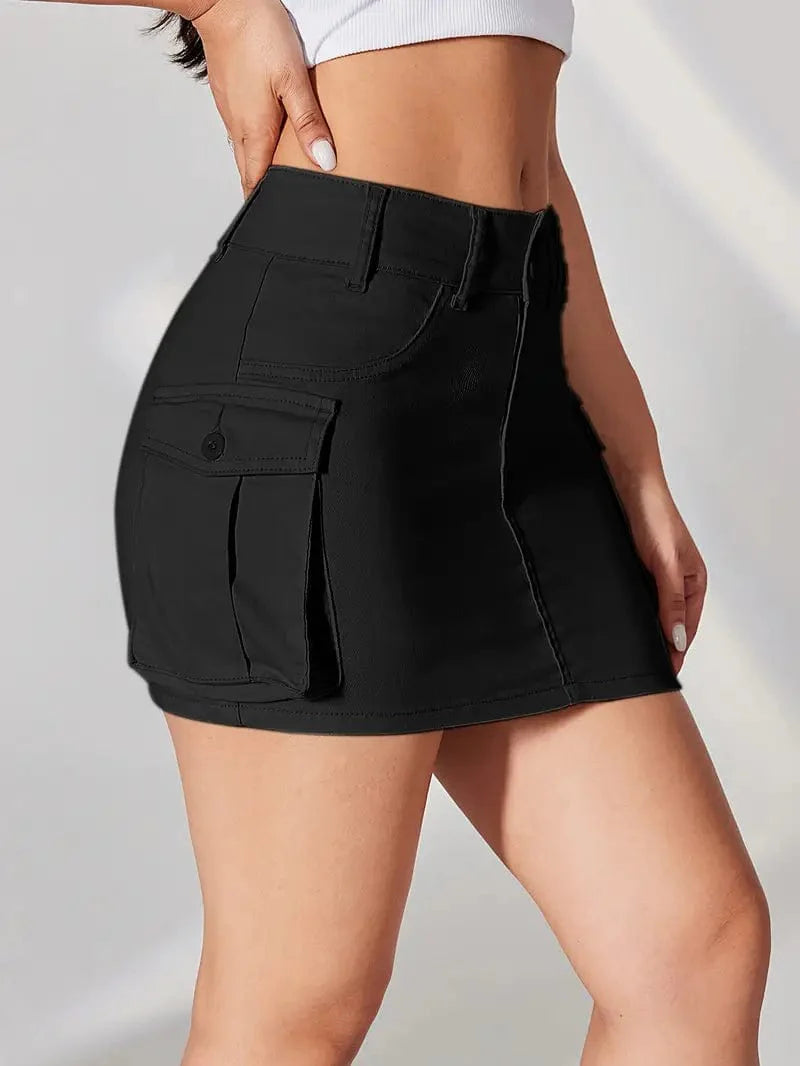 Y2K & Kpop Style Denim Skirt with Double Button Closure and Flap Pockets