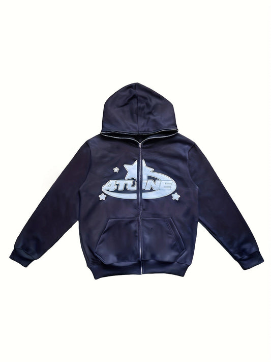 Y2K Letter Star Print Trendy Long Sleeve Zip-Up Hoodie