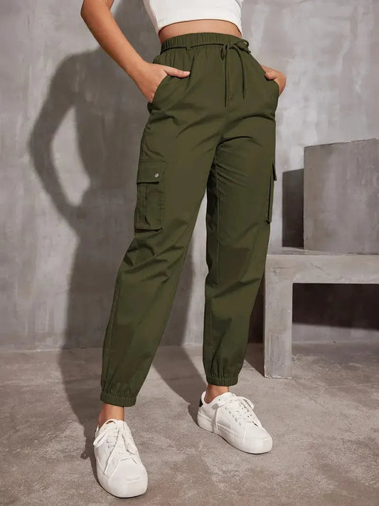 Y2K Loose Fit Cargo Trousers with Drawstring Waist and Multiple Pockets, Versatile Women's Apparel for Any Time of Year
