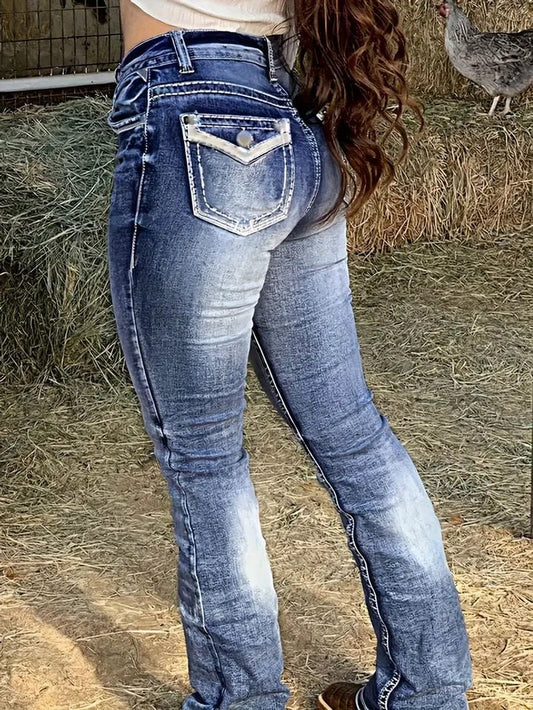 Y2k Straight Embroidered Jeans: Slash Pocket Stretchy Washed Streetwear Denim Pants for Women