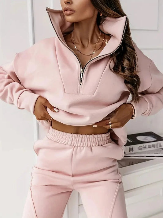 Zip Front Top and Elastic Waist Pants Set for Women, Casual Long Sleeve Outfit