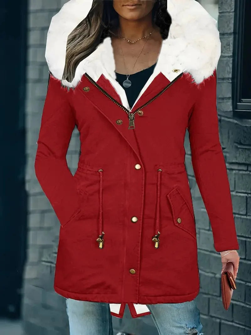 Zip-Up Faux Fur Hood Parka Coat with Thermal Lining