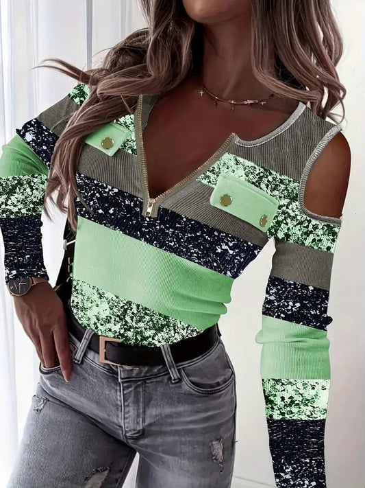 Zipper Color Block T-shirt, Casual Cold Shoulder Long Sleeve Tee for Women