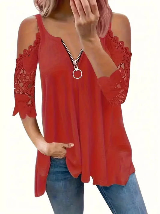 Zipper Detail Cold Shoulder Lace Top, Stylish V Neck Short Sleeve T-Shirt, Everyday Casual Women's Top