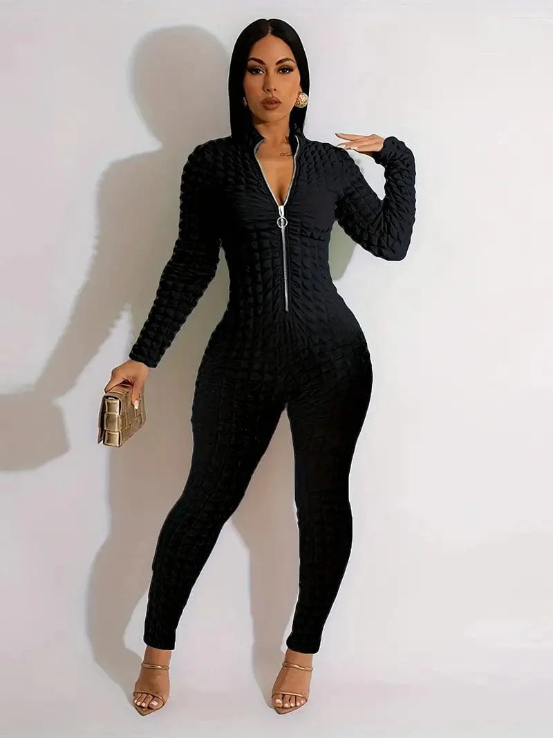 Zipper Popcorn Long Jumpsuit with Bodycon Sleeves, Solid Color Romper for Women