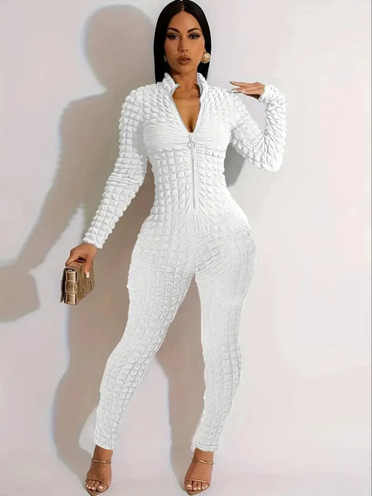 Zipper Popcorn Long Jumpsuit with Bodycon Sleeves, Solid Color Romper for Women